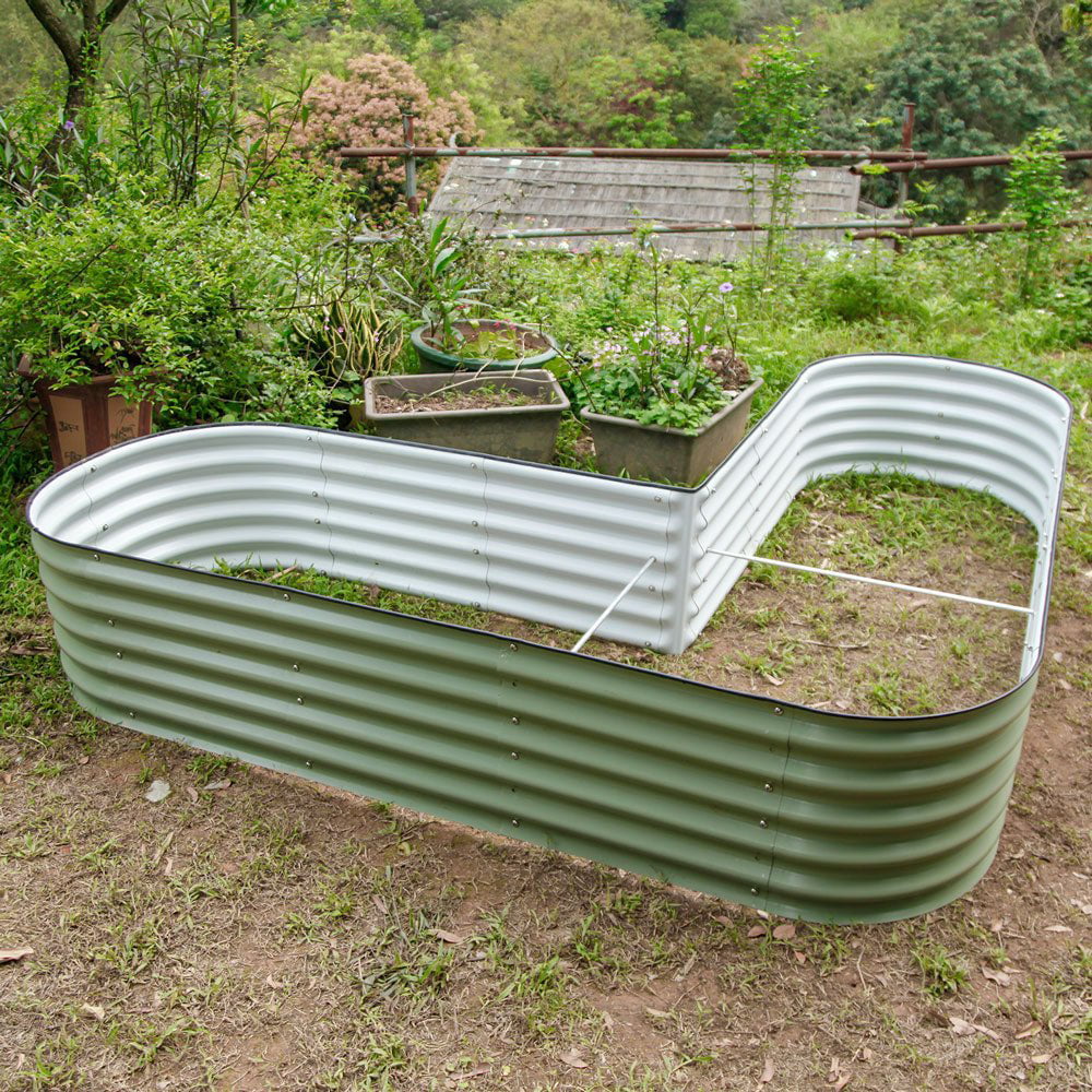 VEGEGA 17" Tall L-Shaped Modular Corrugated Metal Raised Garden Bed - Green C170843
