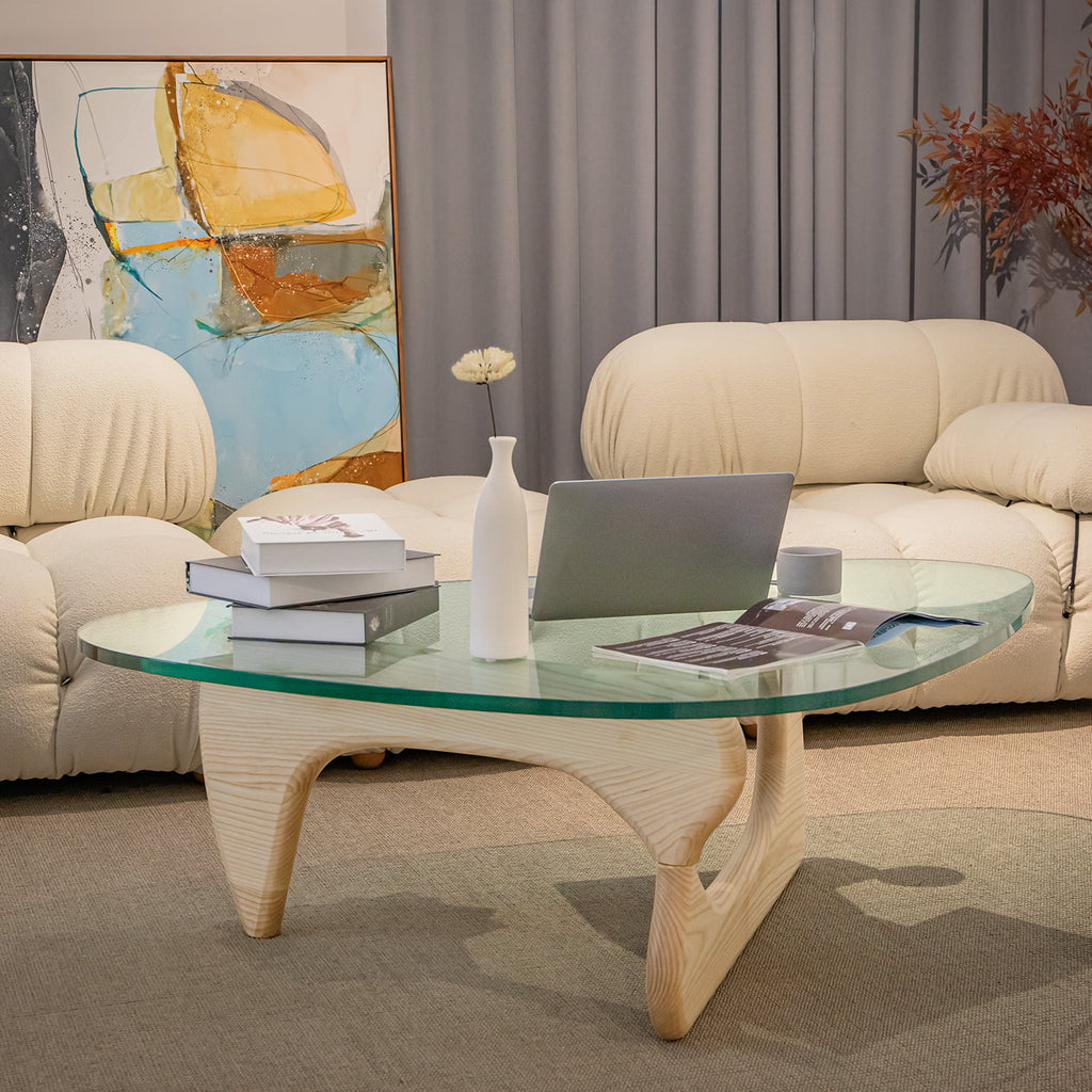 Mid Century Triangle Tempered Glass Coffee Table Solid Wooden Base 7k