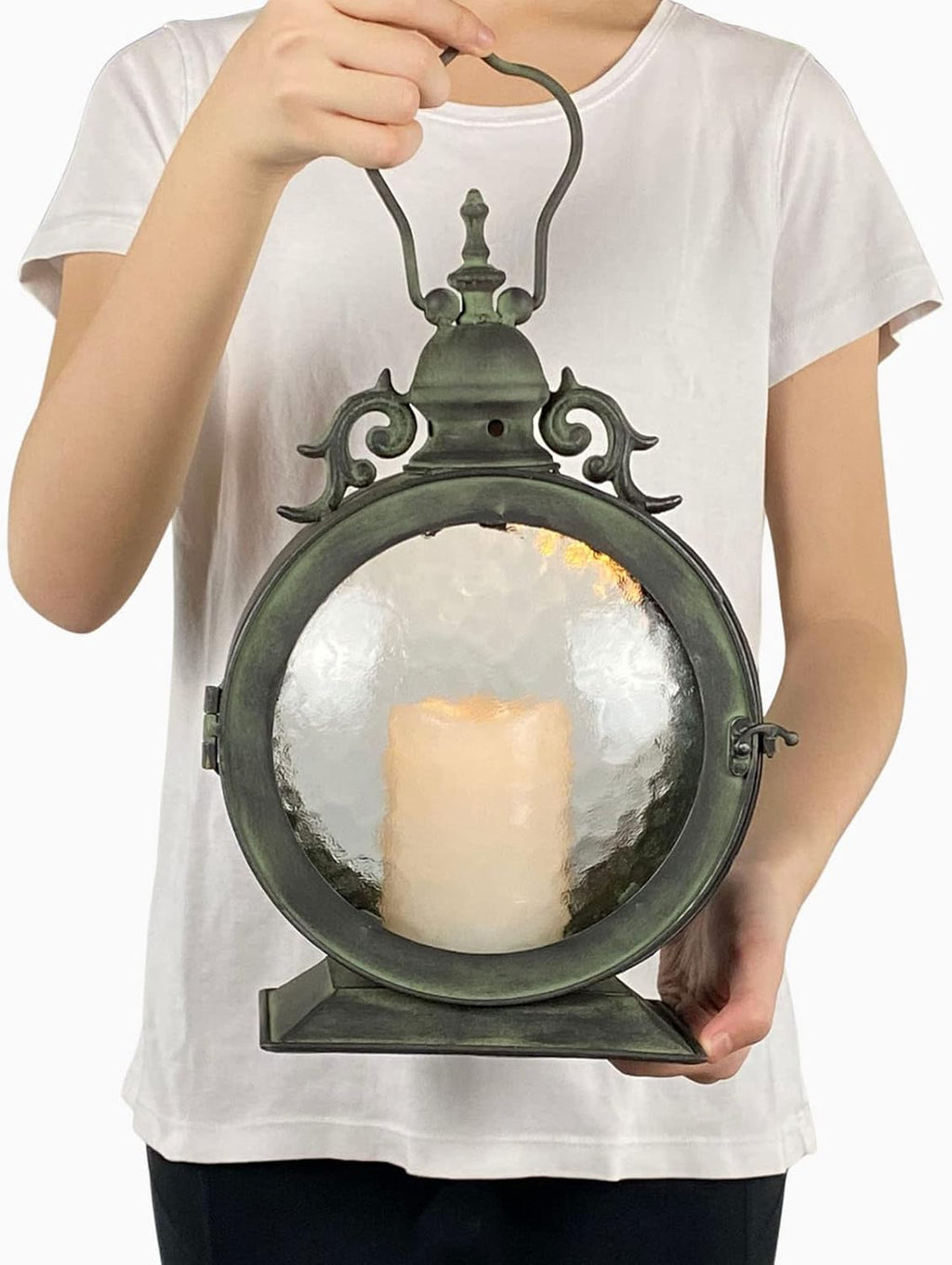 Metal Round Hanging Candle Lantern with Curved Glass Insert k7p
