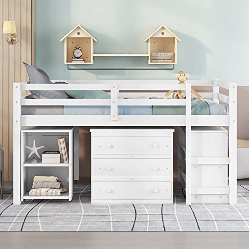Low Study Loft Bed with Desk and Bookshelf, Pinewood Frame, White R677
