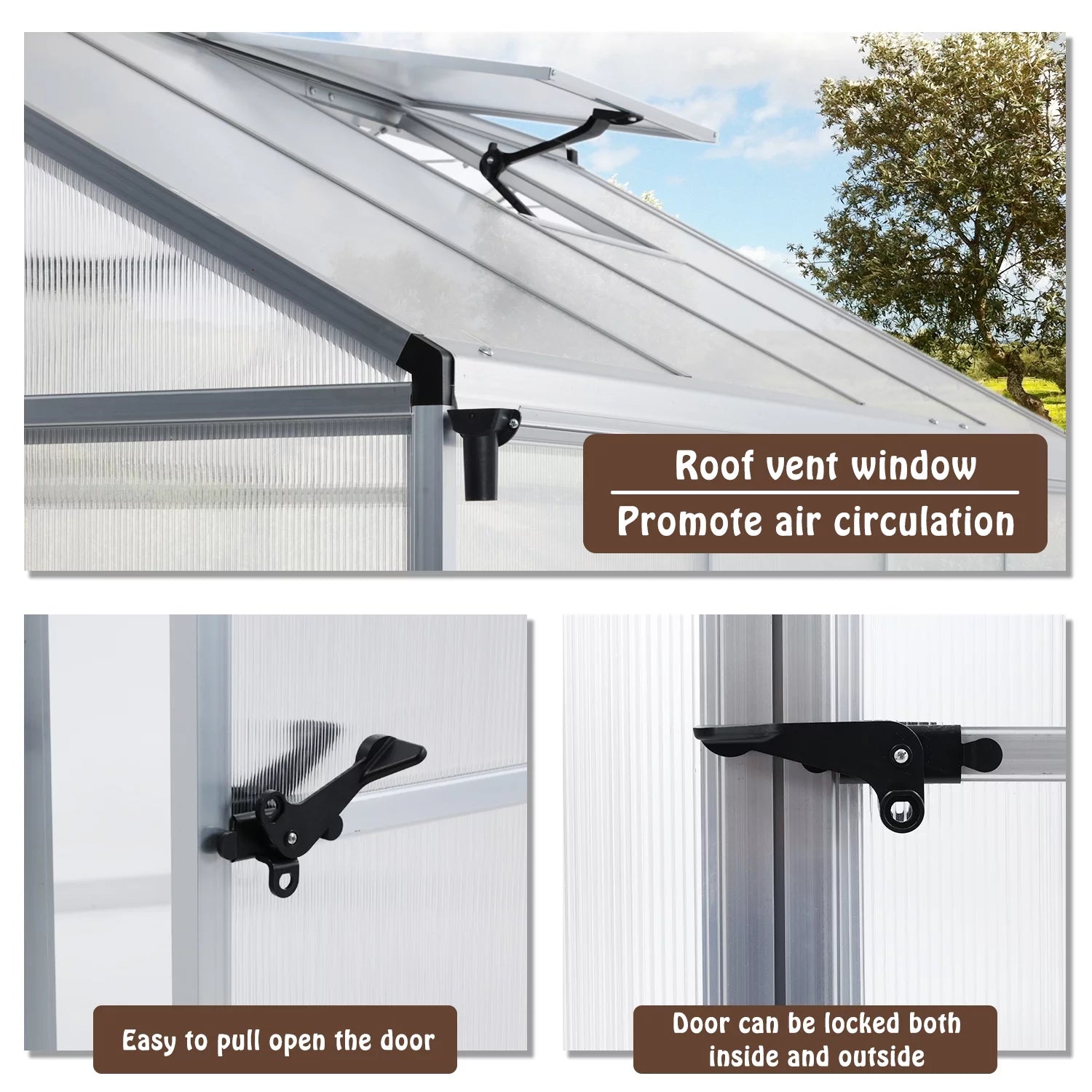 Polycarbonate Greenhouse with Roof Vent and Door Lock 7k