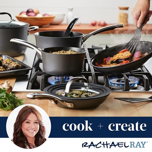 Rachael Ray Cook + Create Hard Anodized Nonstick Saucier Pan with Lid, 4.5 Quart, Black J558