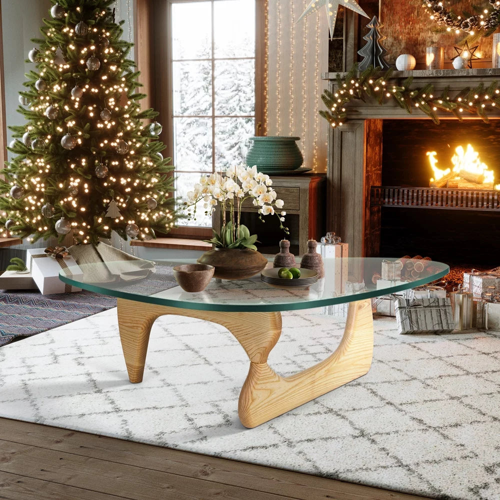 Mid Century Triangle Tempered Glass Coffee Table Solid Wooden Base 7k