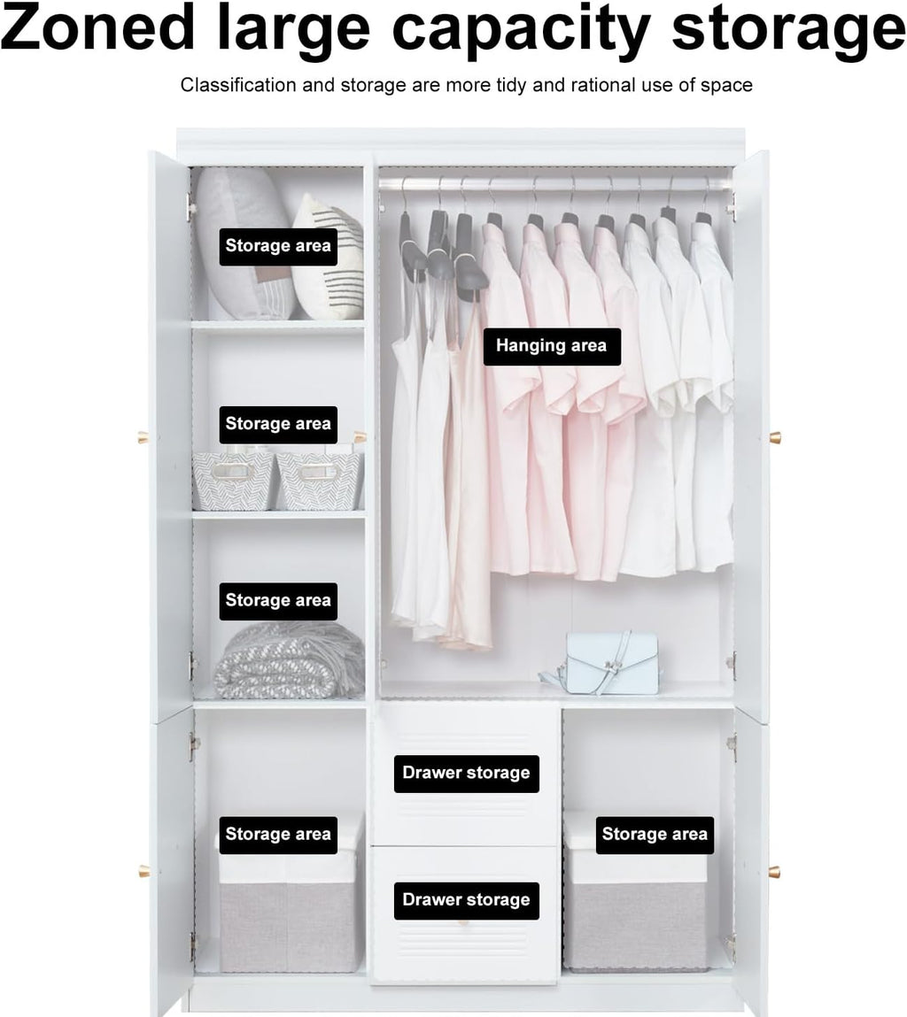 3 Door Armoire Wardrobe Closet with 2 Drawers, White Wooden Cabinet T413596