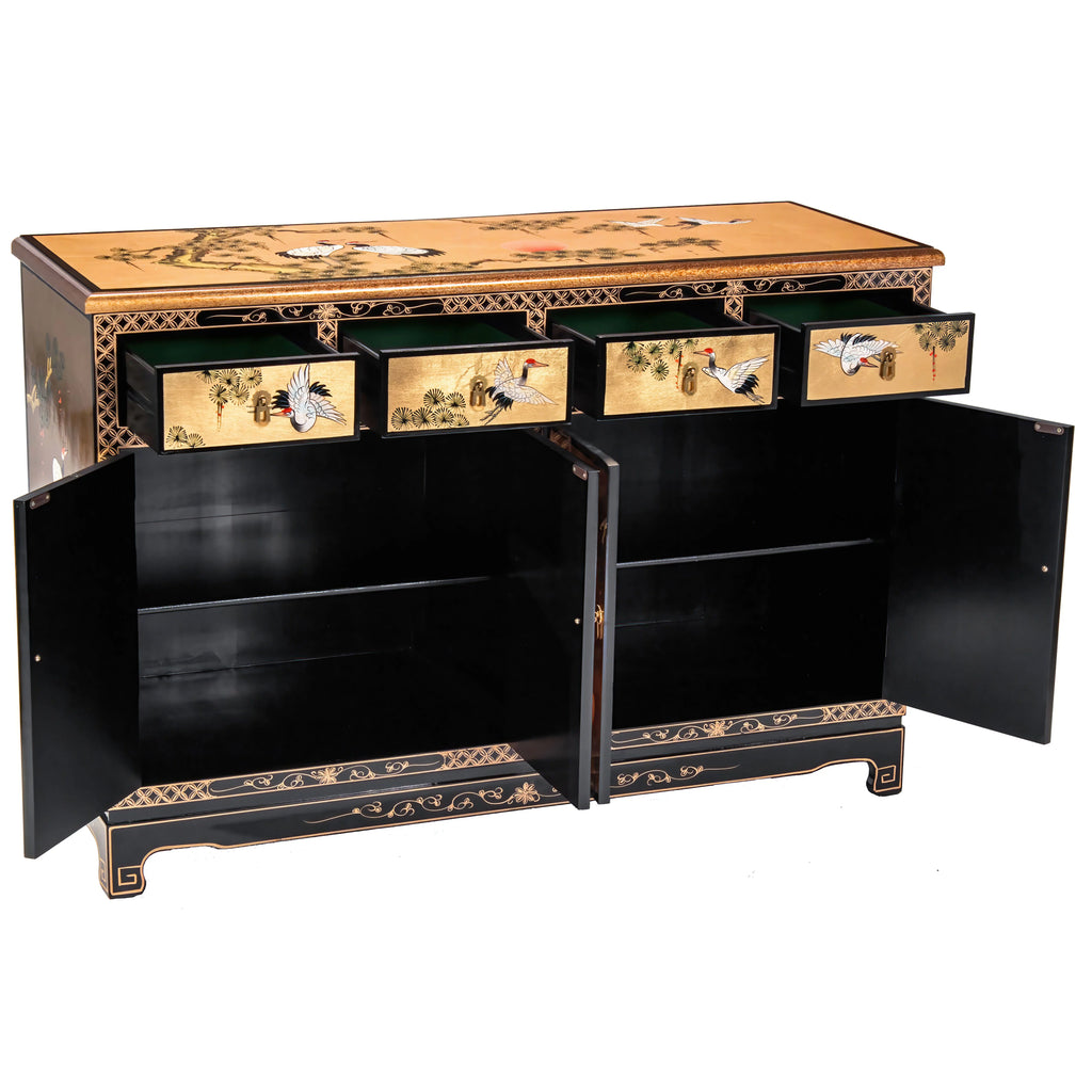 Oriental Furniture Gold Lacquer Sideboard with Cranes S549