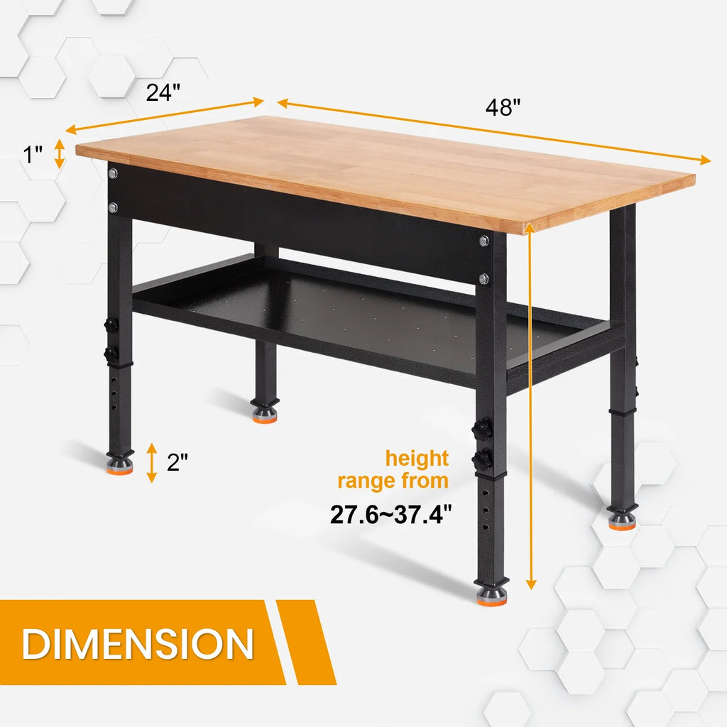 Polar Aurora 48" Adjustable Heavy-Duty Workbench with Rubber Wood Top D7005