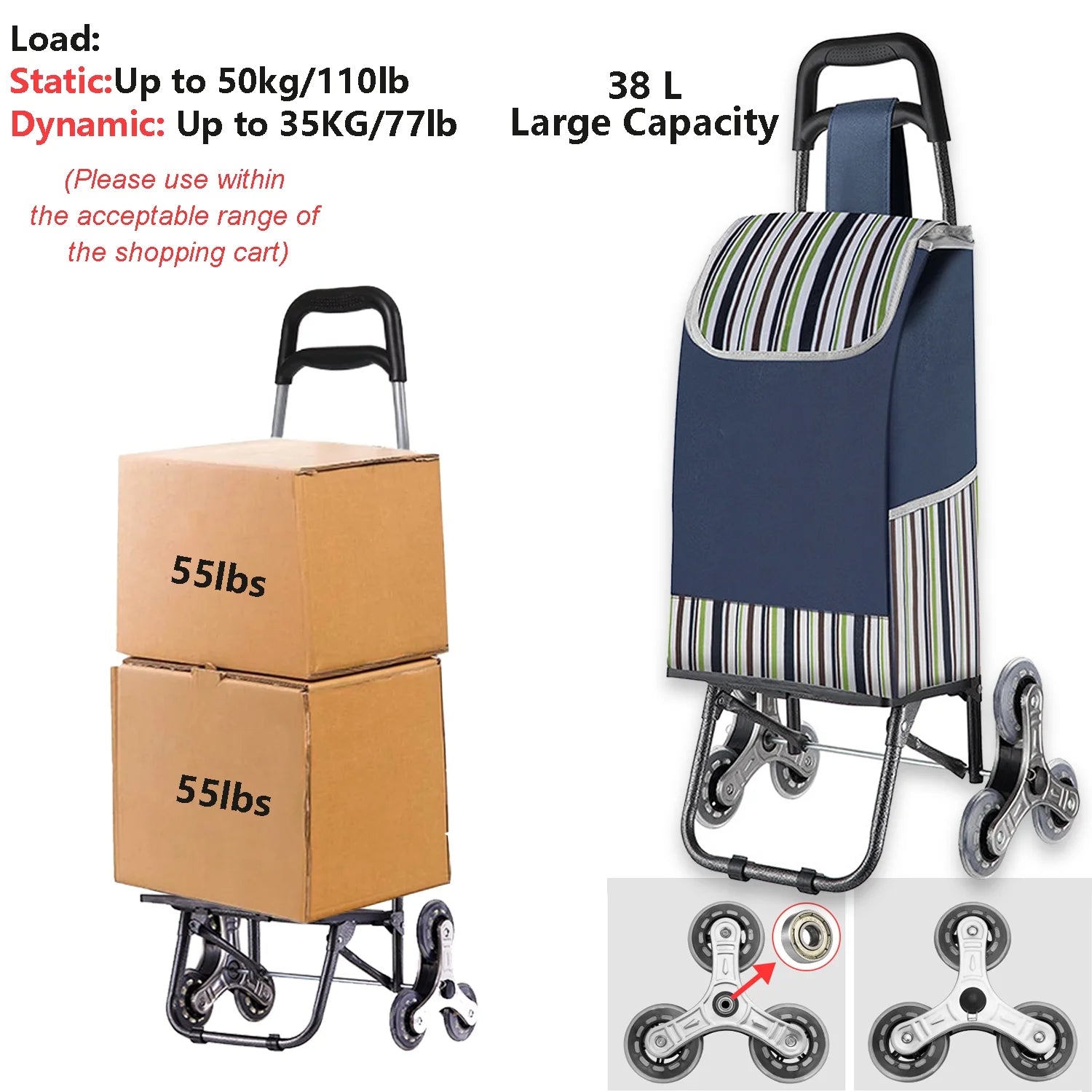 Folding Shopping Cart with Wheels, Stair-Climbing Utility Trolley Blue k7