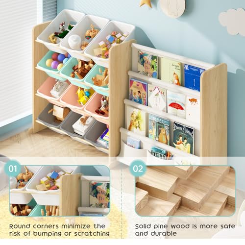 Kids Toy Storage Organizer with 12 Bins and Bookshelf, Burlywood Y913658