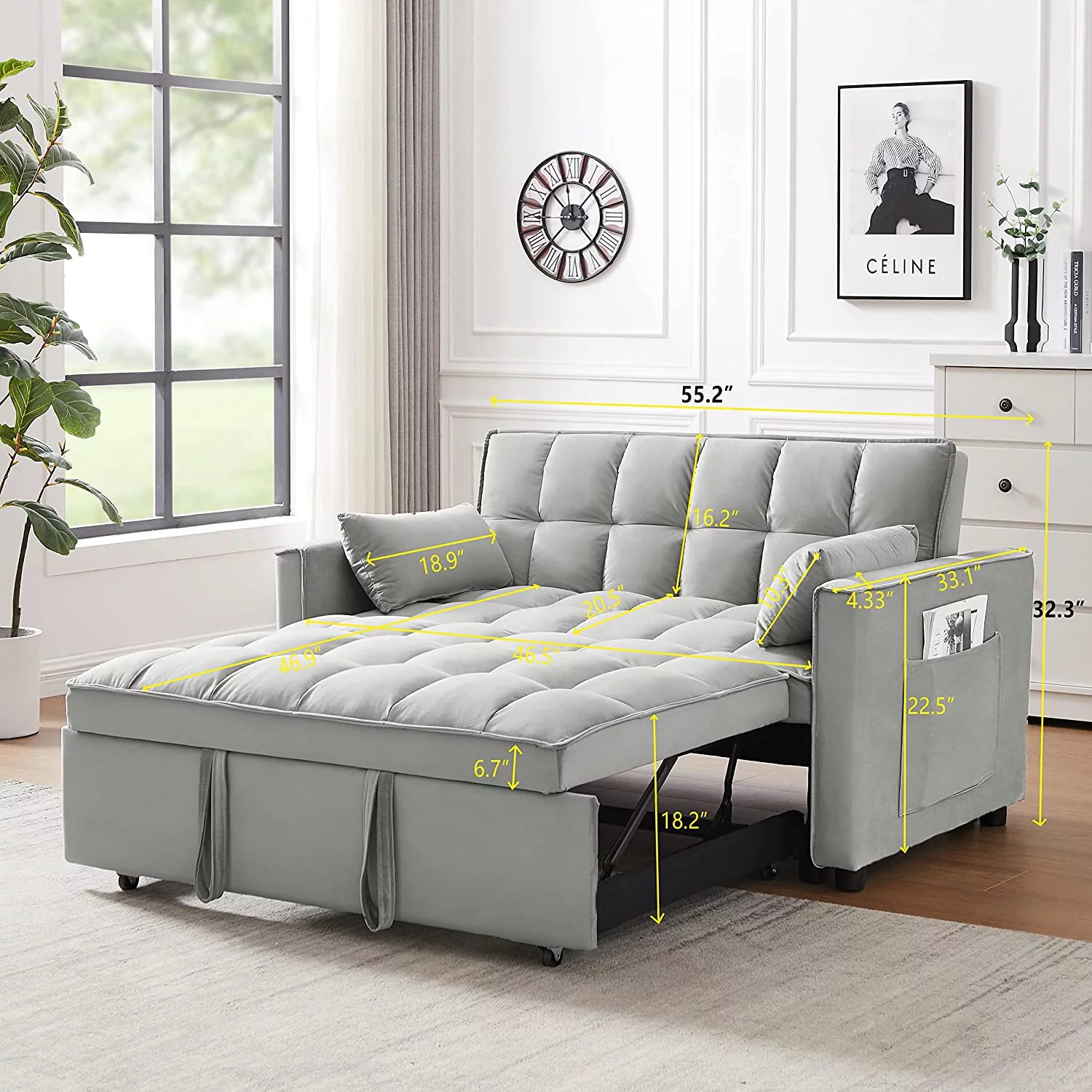 Velvet Loveseat Sleeper Sofa with Adjustable Backrest and Toss Pillows X71008