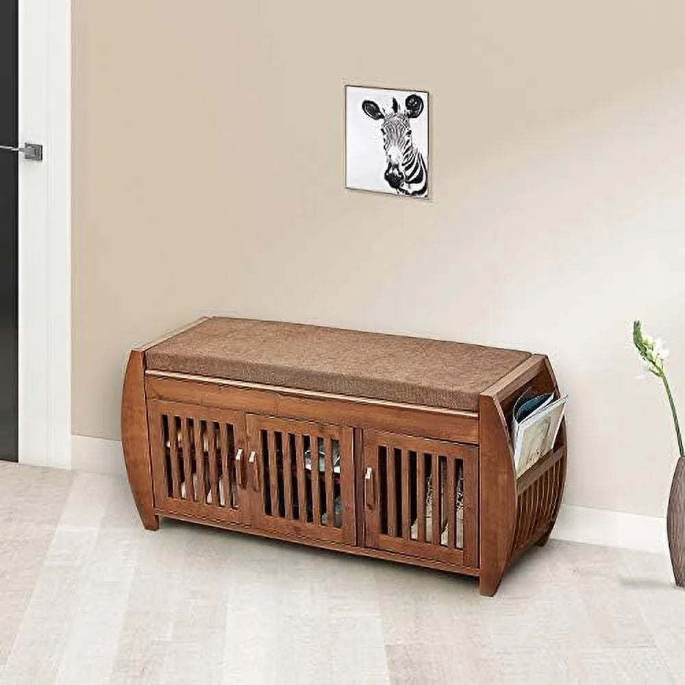 KBANZIBIU Bamboo Shoe Bench with Detachable Cushion and Hidden Compartment T94805