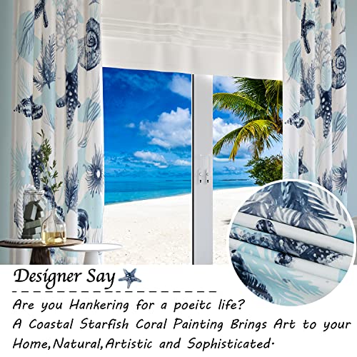 Coastal Nautical Curtains Blue White Beach Sea Starfish Seashell Light Blocking Window Drapes 2 Panels 52x96 V37799