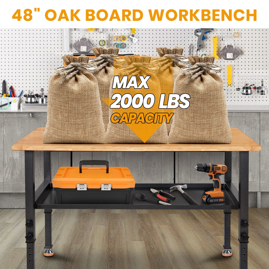 Polar Aurora 48" Adjustable Heavy-Duty Workbench with Rubber Wood Top D7005