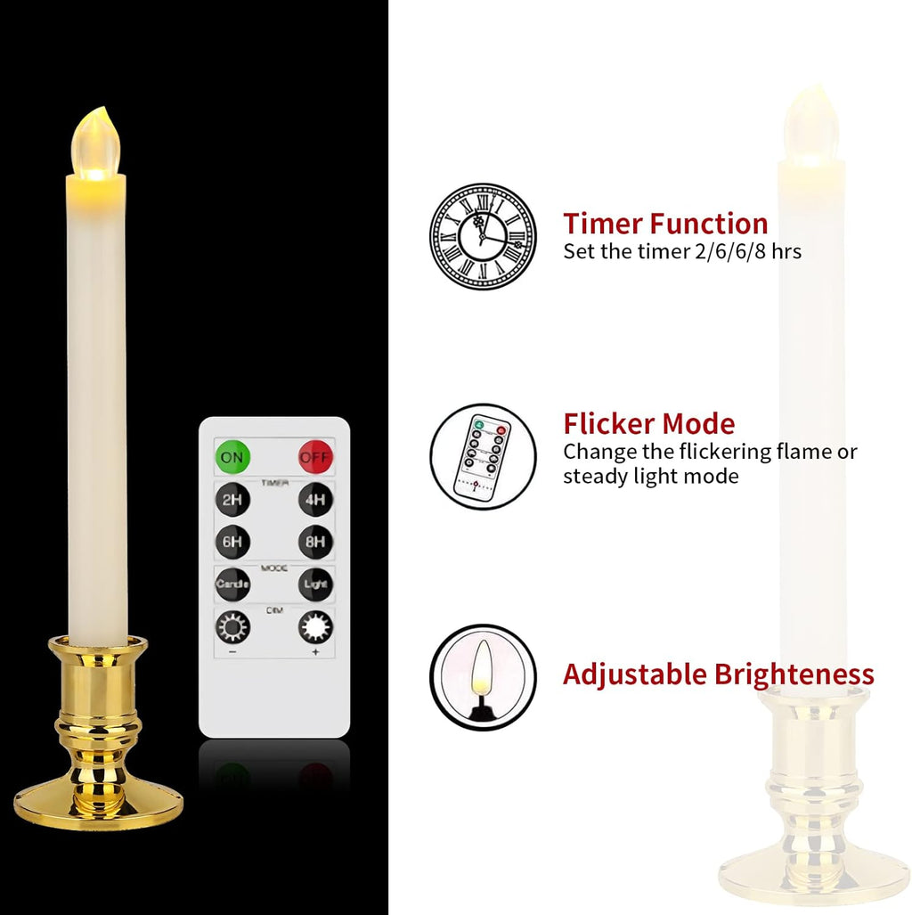 Flameless LED Taper Candles with Remote, Gold Holders, 12 Pack k7