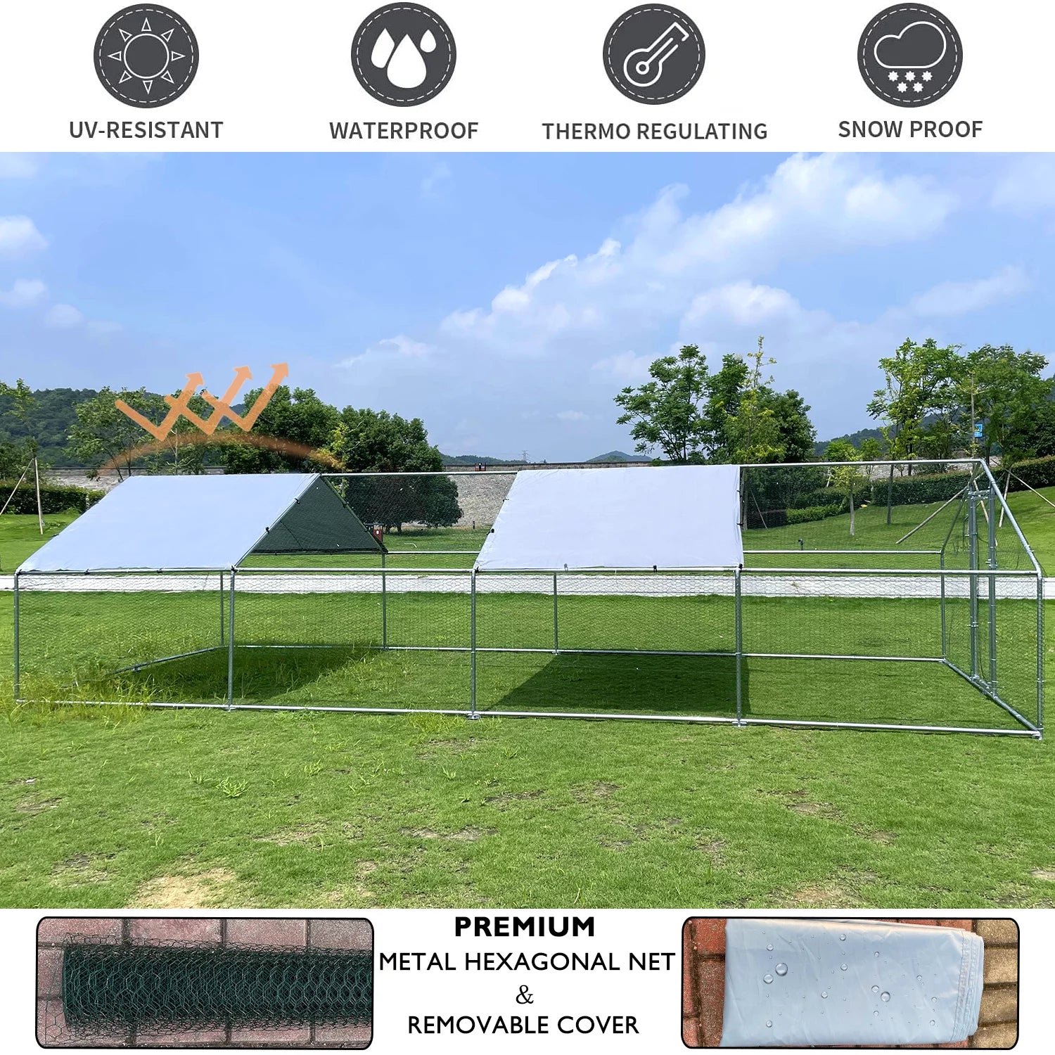 Large Chicken Run Coop 10x26ft Metal Hen House Walk-in Poultry Cage W/ Cover k7