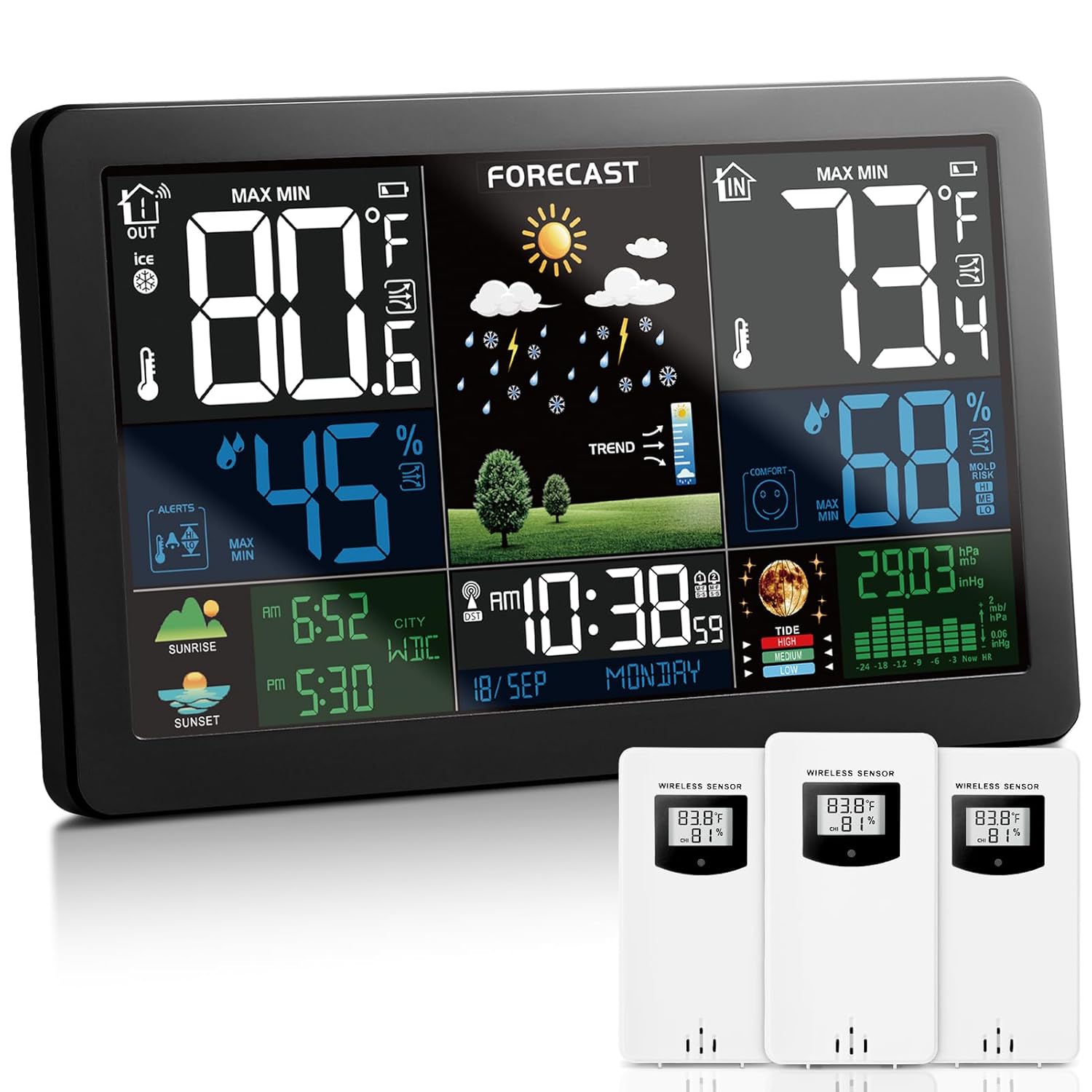 Weather Station Wireless Indoor Outdoor Thermometer with 3 Remote Sensors and Color Display Atomic Clock, Weather Thermometer Forecast Station with Sunrise Sunset Time and Tide Level