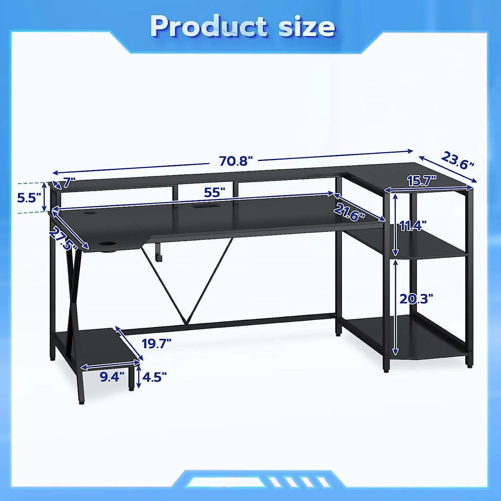 70.8'' Computer Desk with LED Lights and Storage Shelves, Black J414040