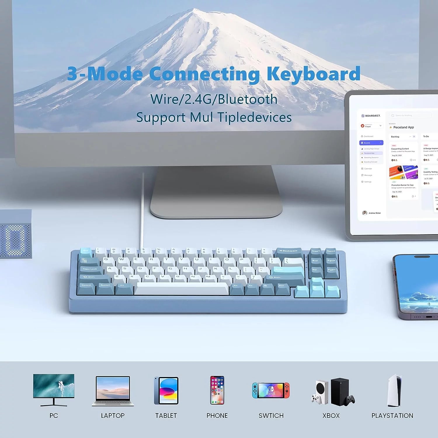 75% Wireless Mechanical Keyboard, Hot-swappable RGB, Aluminum Shell, Bluetooth/2.4G/Wired k7