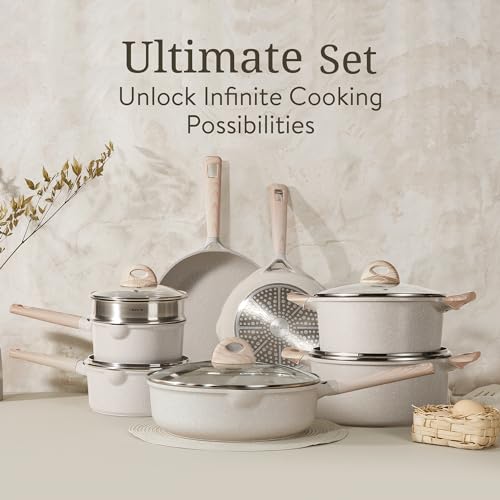 CAROTE 17pcs Non Stick Pots and Pans Set, Induction Cookware, Cream White Y4004