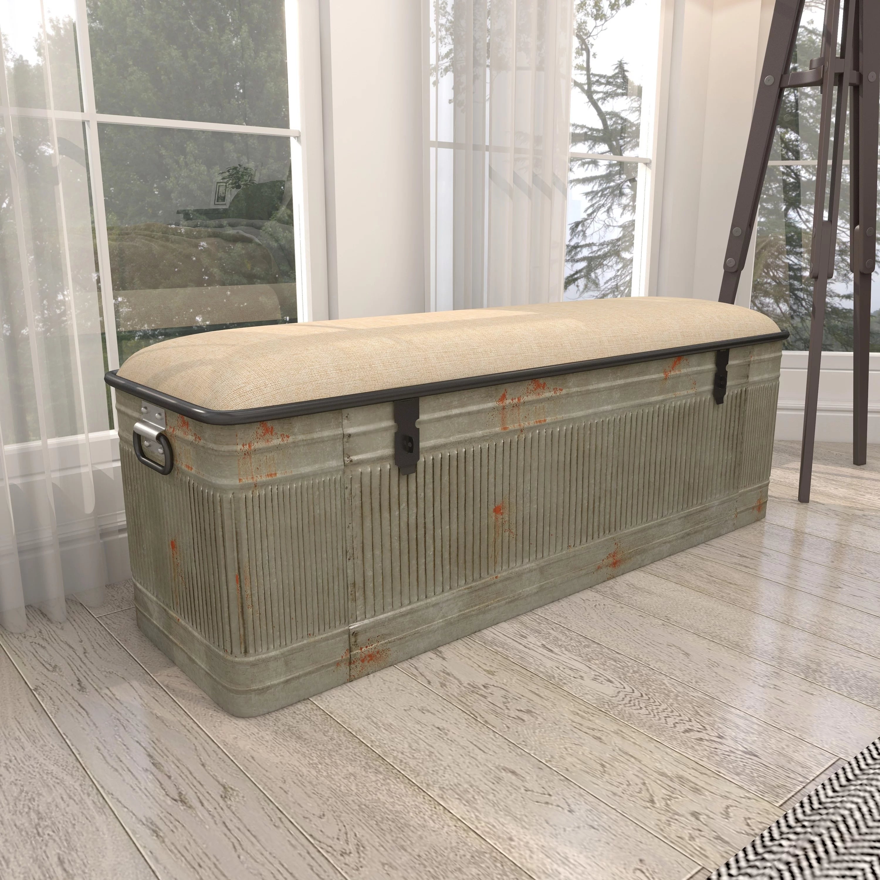 DecMode Metal Galvanized Storage Bench with Cream Burlap Top K1740