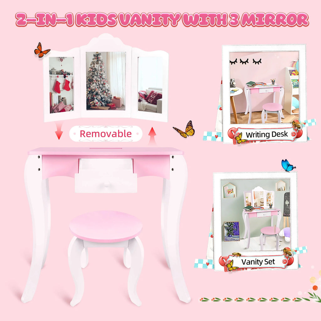 iRerts Kids Vanity Set with Mirror Princess Makeup Dressing Table, Pink O494