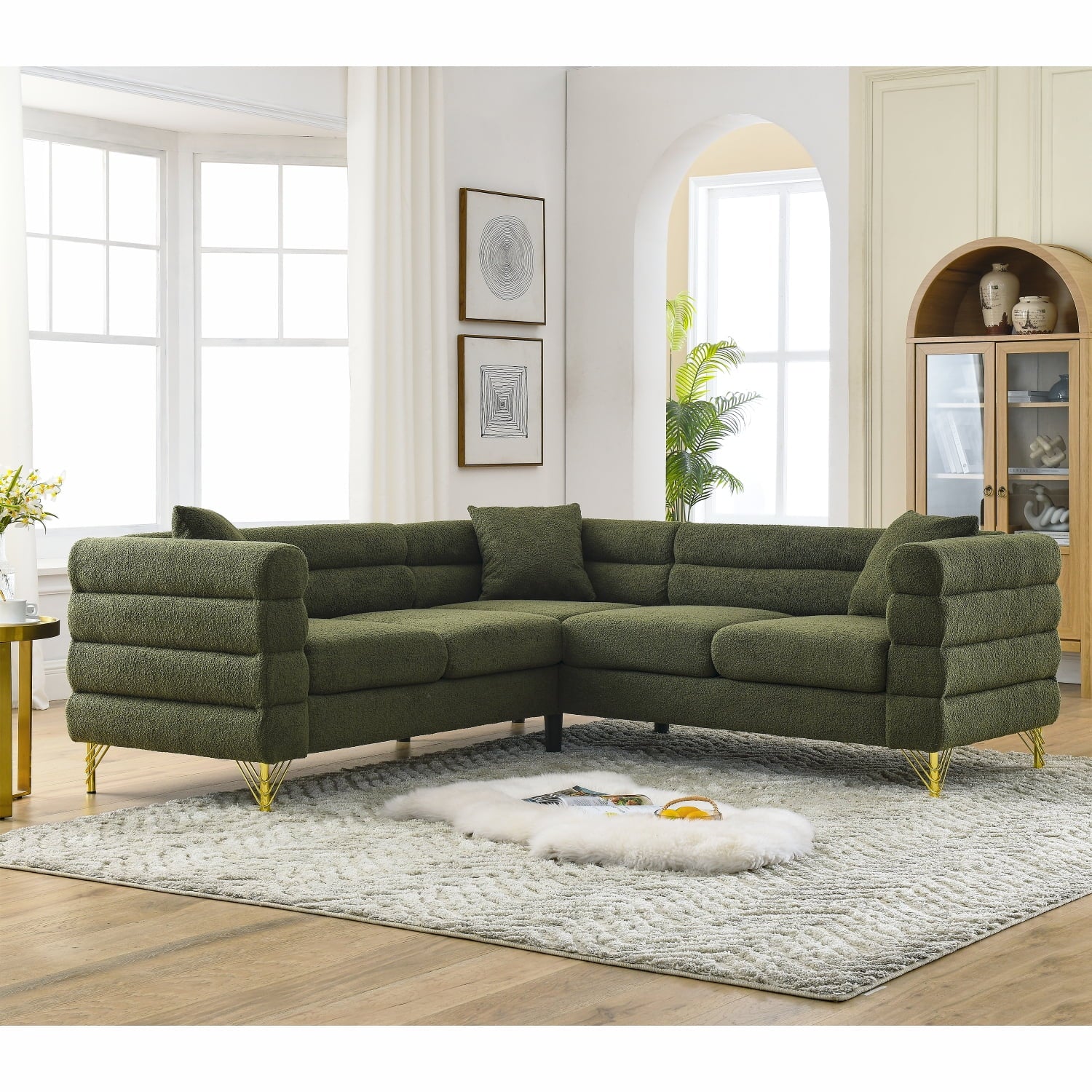 Holaki 81" Oversized Corner Sofa Set, L-Shaped Sectional Couch, 5-Seater Corner Sofas with 3 Cushions for Living Room, Bedroom, Apartment, Office-Green