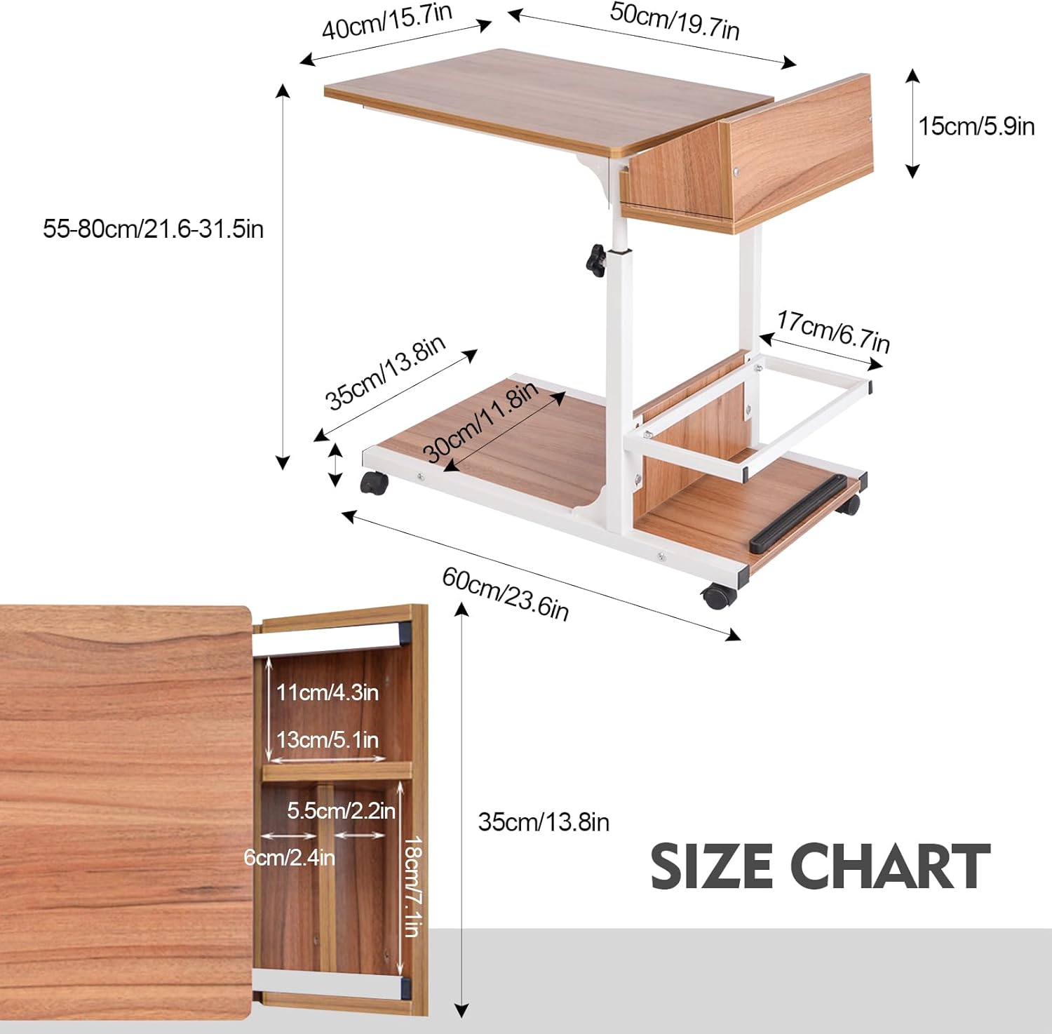 Adjustable Over Bed Table with Drawer and Wheels a7