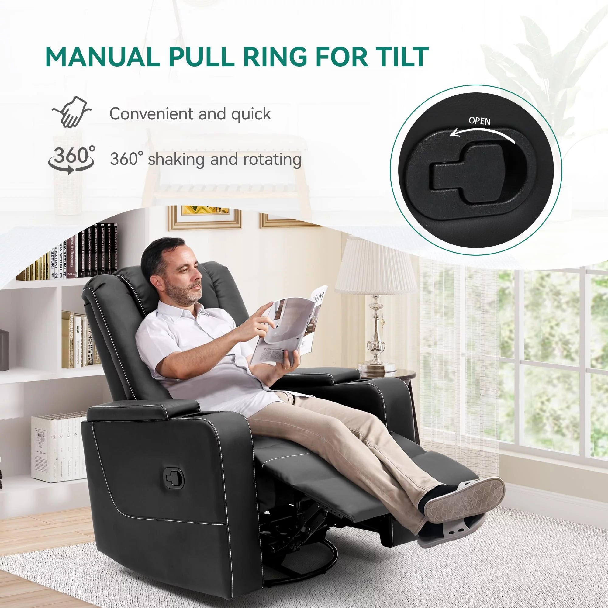 Swivel Recliner with Flip Armrests and Cup Holders Black a7