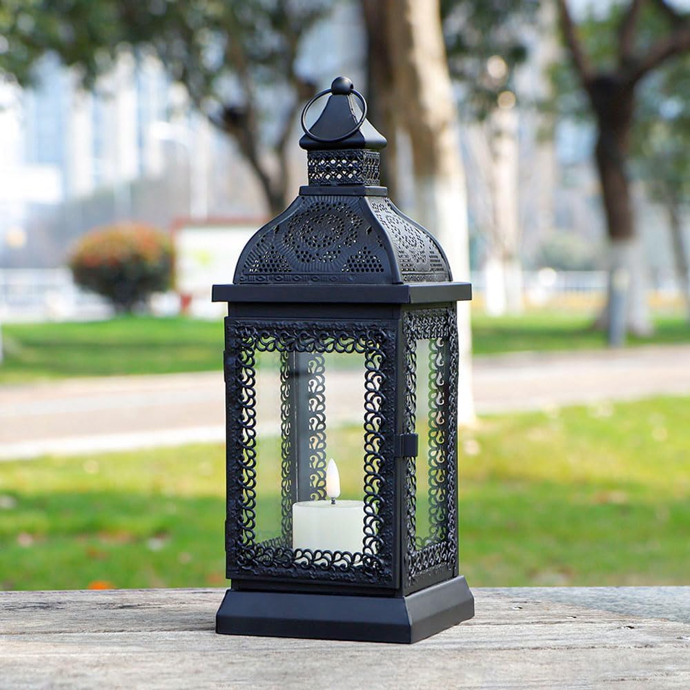 Rustic Metal Candle Lantern 13in Outdoor Decor Black a7