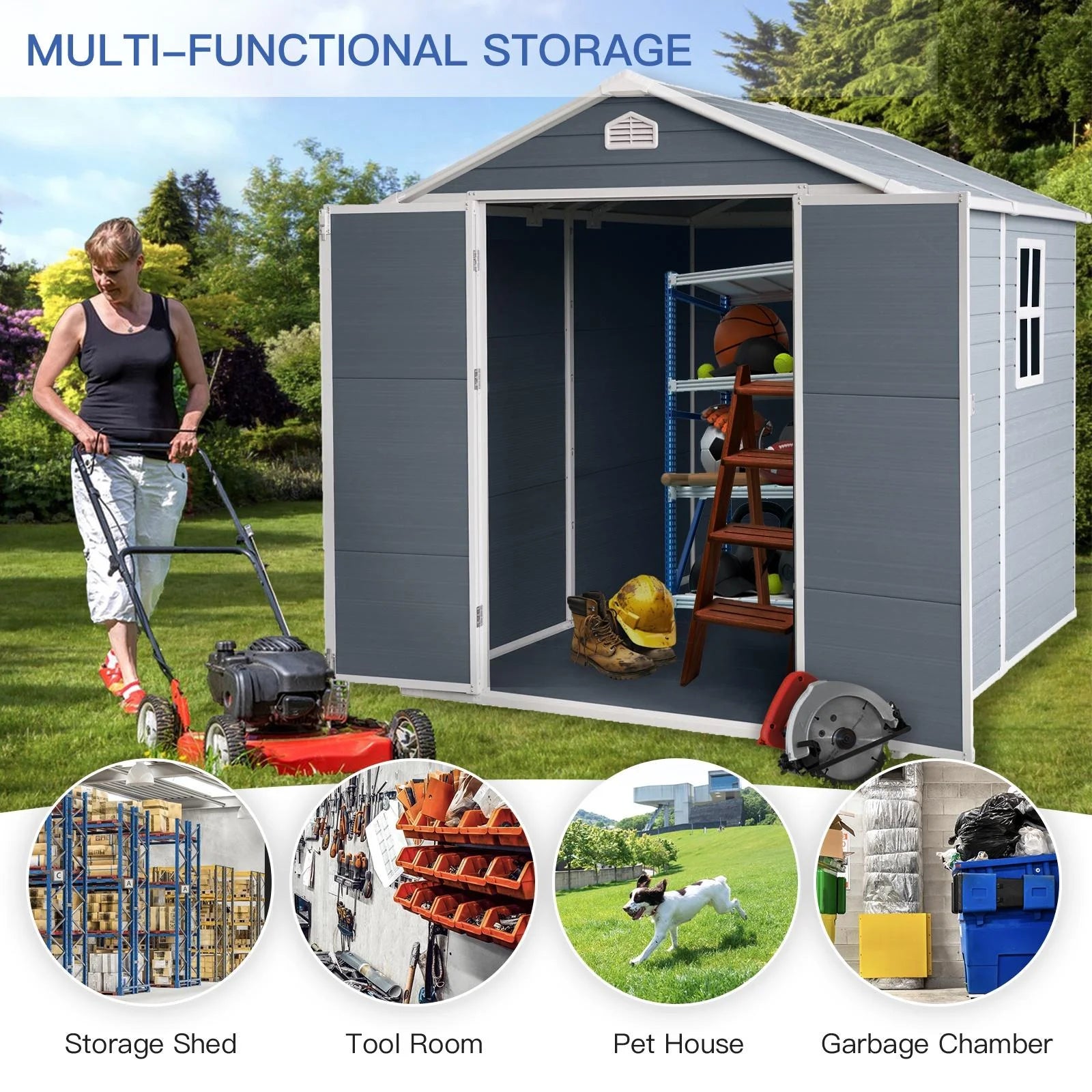 Outdoor Resin Storage Shed 8x6 ft with Lockable Door, Gray X86795