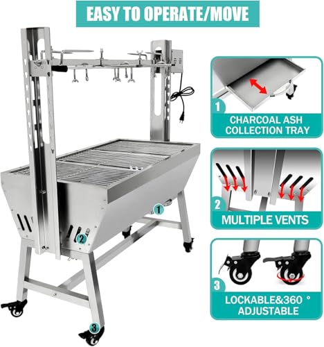 Portable Charcoal Spit Rotisserie Grill for Whole Pig, Lamb, Goat, Stainless Steel G912144
