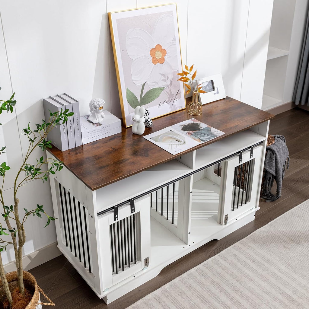 55" Double Dog Crate Furniture End Table with Drawers, Indoor Kennel for Small/Medium Dogs K155691