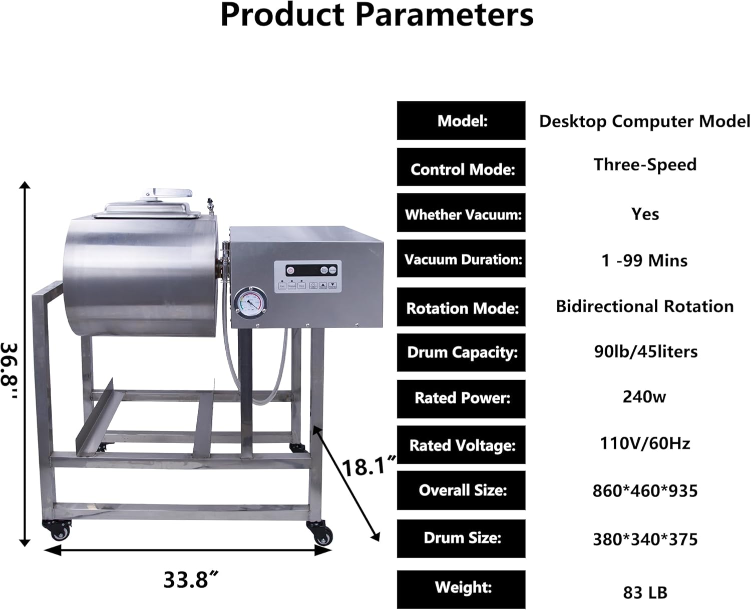 Hakka Commercial Meat Tumbler 90lb Vacuum Curing Machine Stainless Steel H975