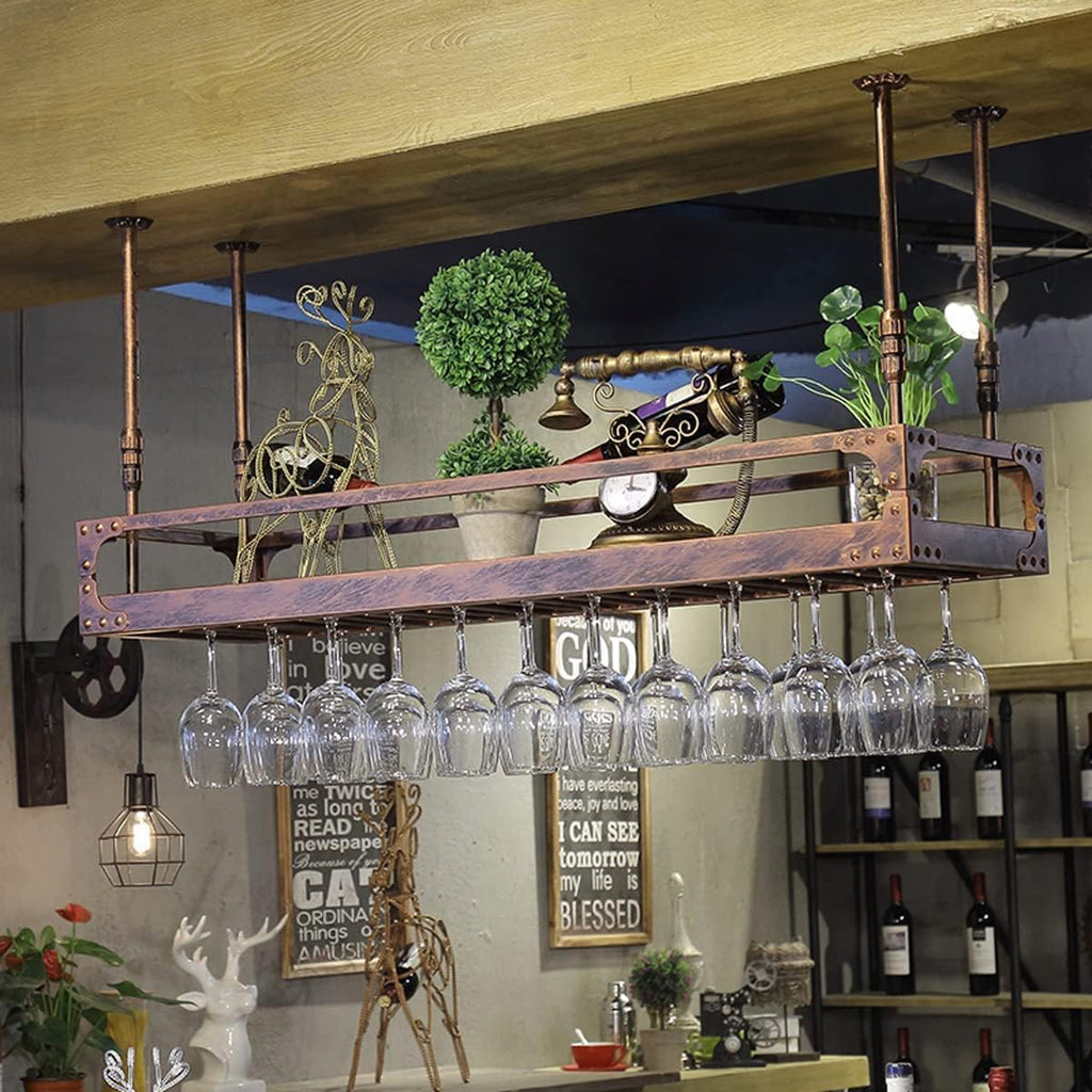 Hanging Wine Glass Rack, Industrial Vintage Metal Wall-Mounted, Bronze, 60x35cm Y4857