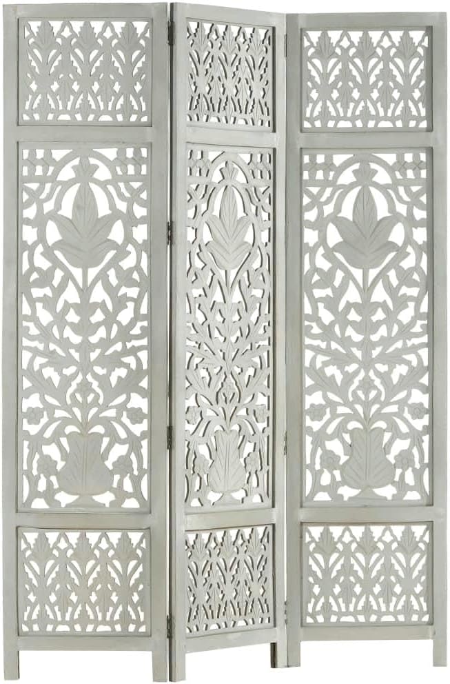 Hand-Carved 3-Panel Gray Wood Room Divider Screen J4918