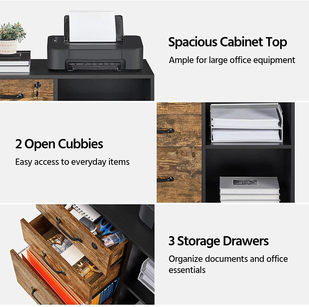 Black File Cabinet with Lock, 3 Drawer Lateral for Home Office O4008