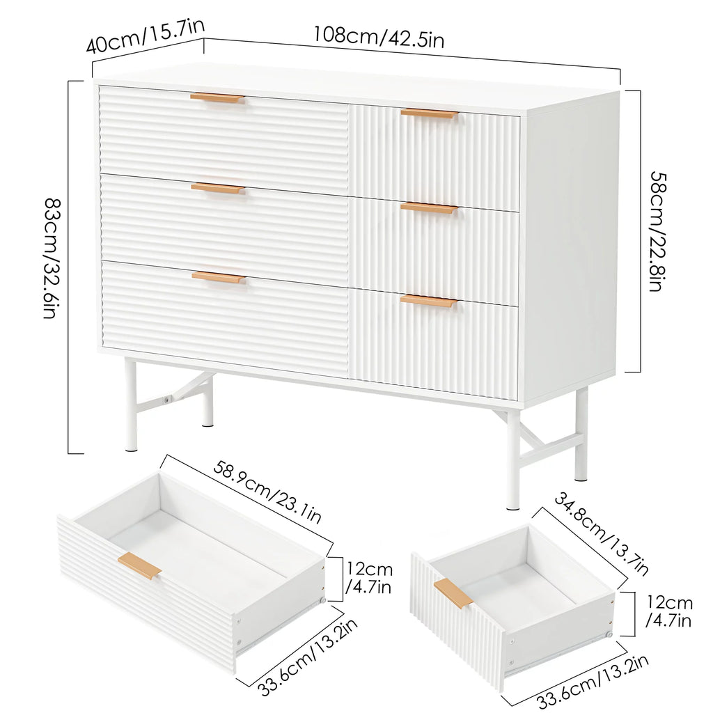 Homfa 6 Drawer Dresser for Bedroom, Creamy Wave Panel Wood Storage Cabinet C269