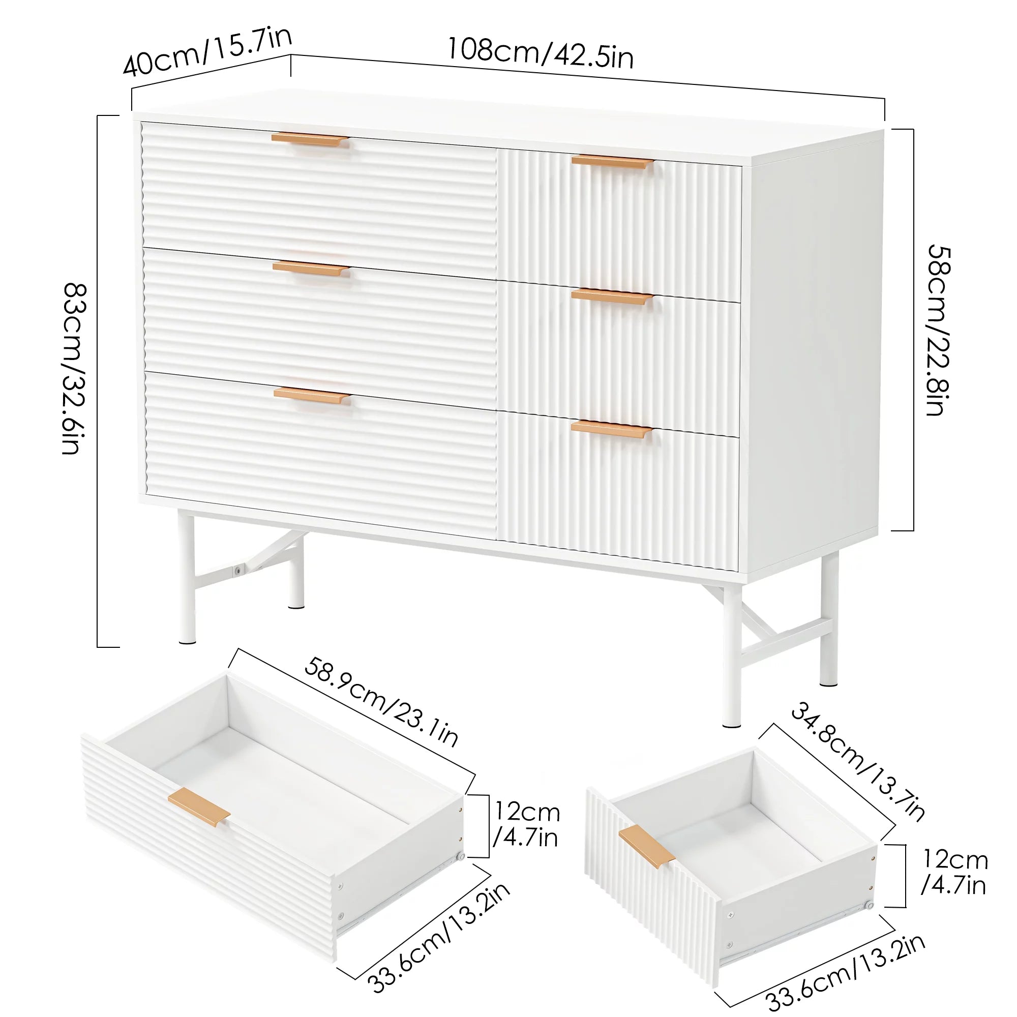 Homfa 6 Drawer Dresser for Bedroom, Creamy Wave Panel Wood Storage Cabinet C269