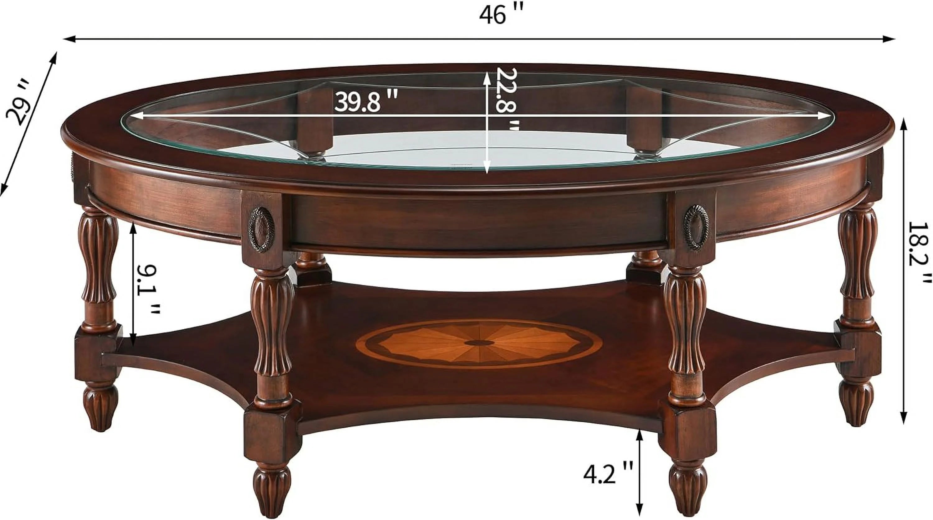 Oval Solid Wood Coffee Table with Glass Top, Cherry Walnut, 46"x29"x18.2" K38367