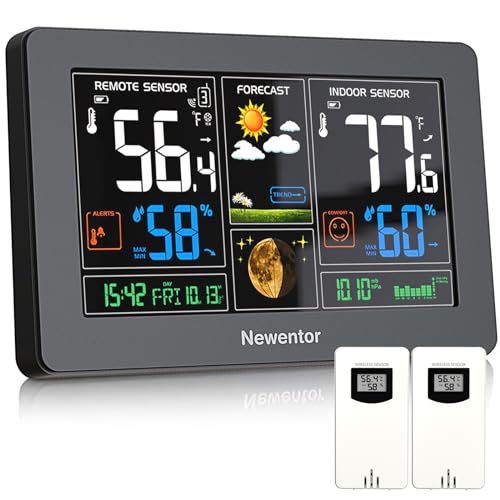 Newentor Weather Stations Wireless Indoor Outdoor with 2 Remote Sensors, 7.5" Color Large Weather Thermometers with Atomic Clock, Temperature, Humidity, Barometer/Forecast Station, Black
