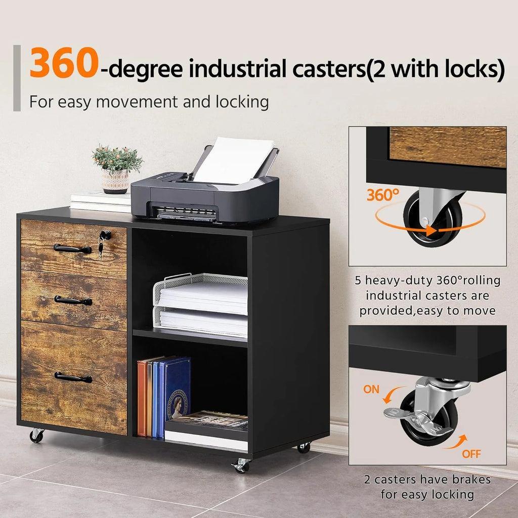 Black File Cabinet with Lock, 3 Drawer Lateral for Home Office O4008
