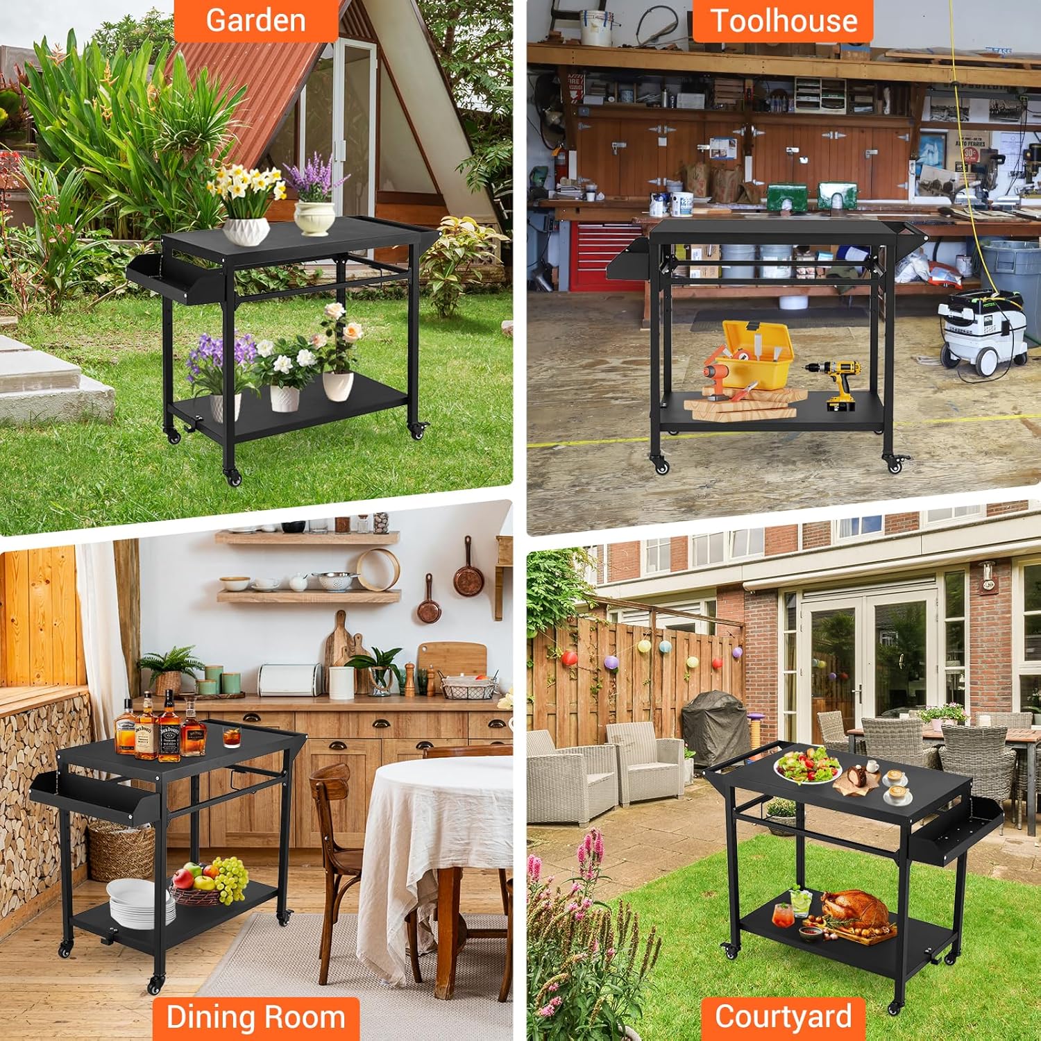 Outdoor Grill Cart with Lockable Wheels, Heavy Duty BBQ Prep Table, Black P68832