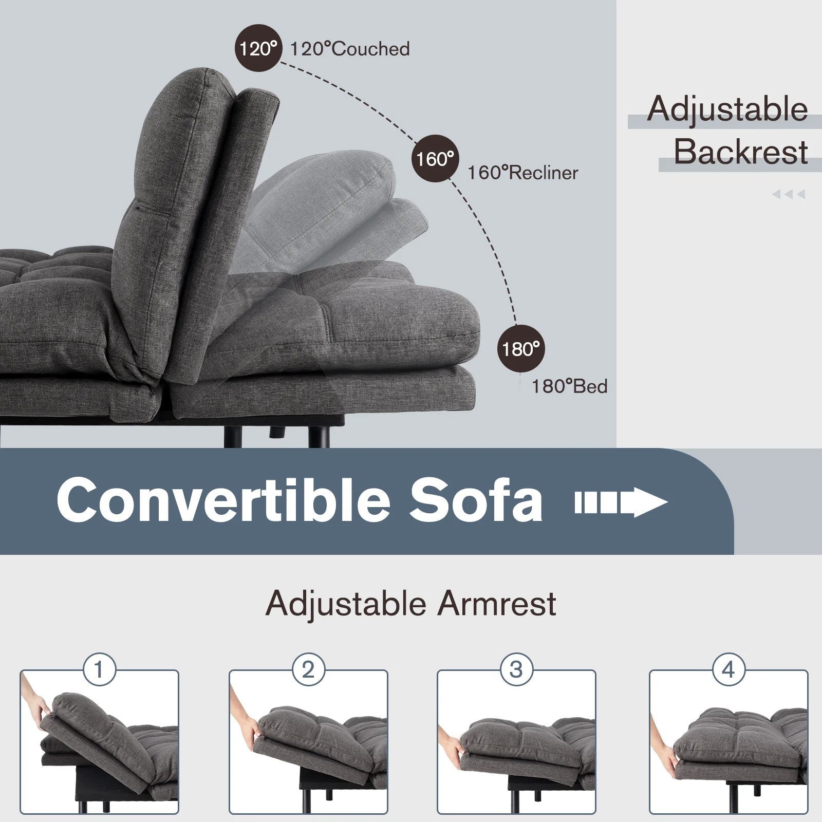 Futon Sofa Bed Memory Foam Convertible with Adjustable Backrest, Gray S303
