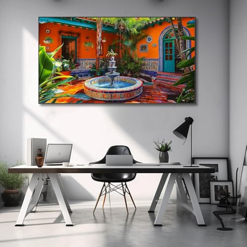 Colorful Mexican Village Canvas Wall Art Gold Frame 36x20 in a7