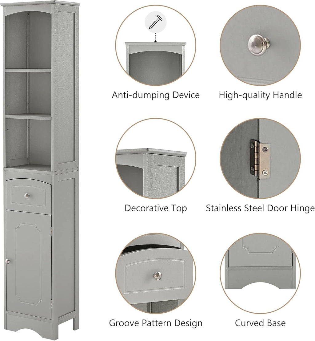 Tall Slim Bathroom Storage Cabinet with 3-Tier Shelf and Drawer, Grey M889