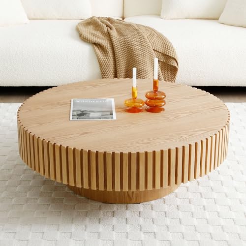Walnut Wood Round Drum Coffee Table with Vertical Texture Z1778