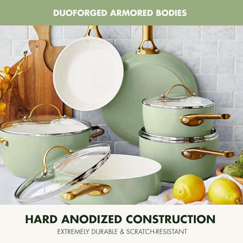 GreenPan Reserve Hard Anodized Ceramic Nonstick 10 Piece Cookware Set, Gold Handle, Twilight Blue S134