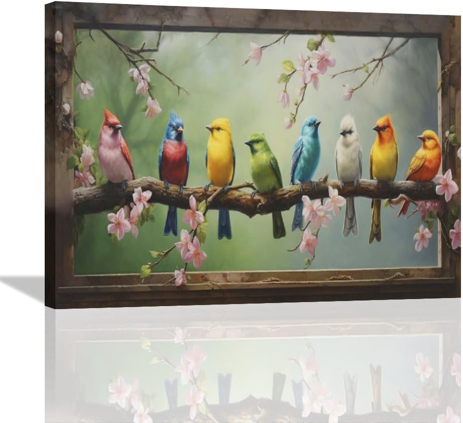 Yudchen Hummingbirds Wall Art Farmhouse Birds Canvas Wall Decor Rustic Floral Bird Pictures Painting Country Flowers Artwork Framed for Kitchen Bedroom Bathroom Living Room 16""x12""