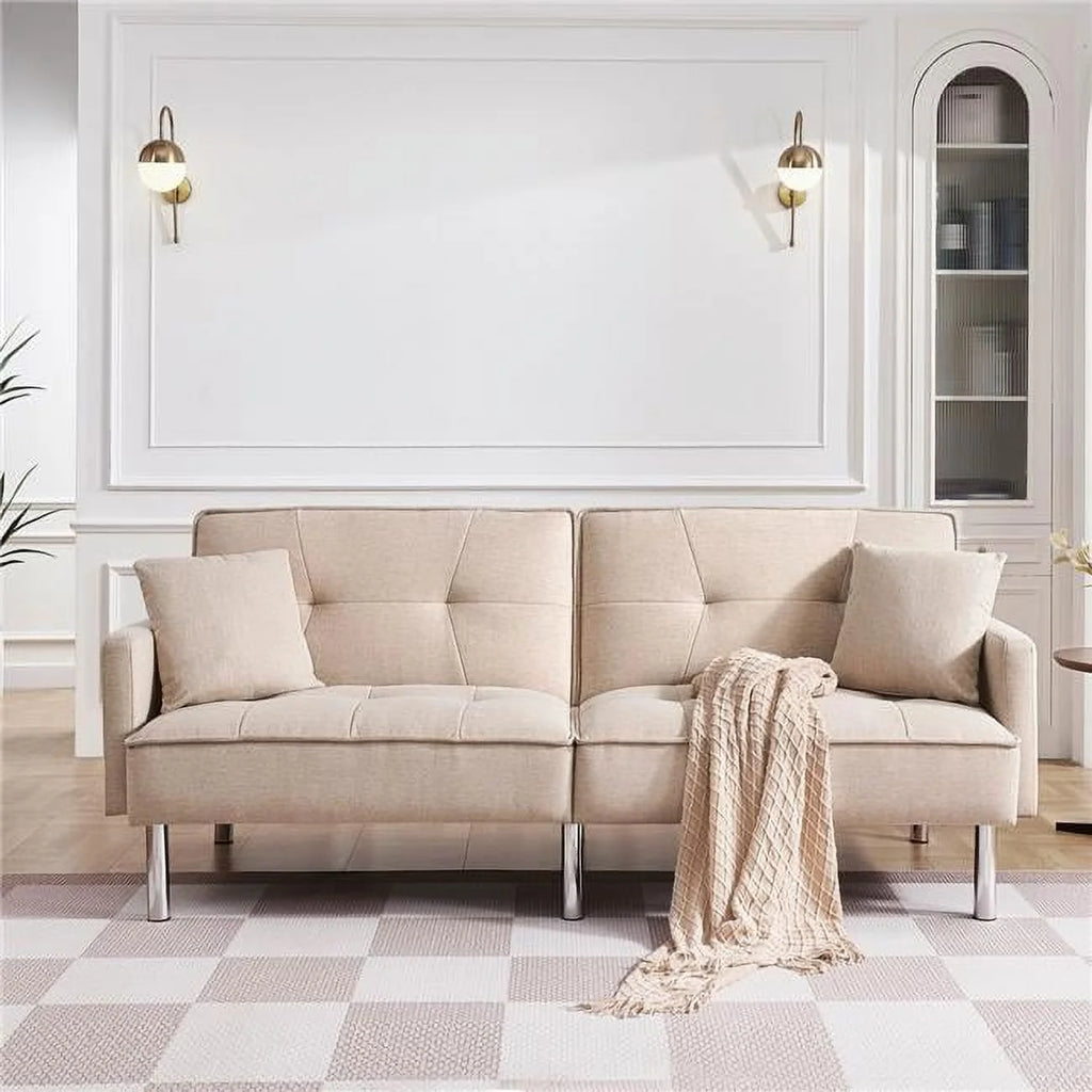 Moootto  84.6 in. Extra Long Modern Tufted Beige Fabric Futon Adjustable Sofa Bed & Folding Daybed Guest Bed, Upholstered Modern Convertible Sofa