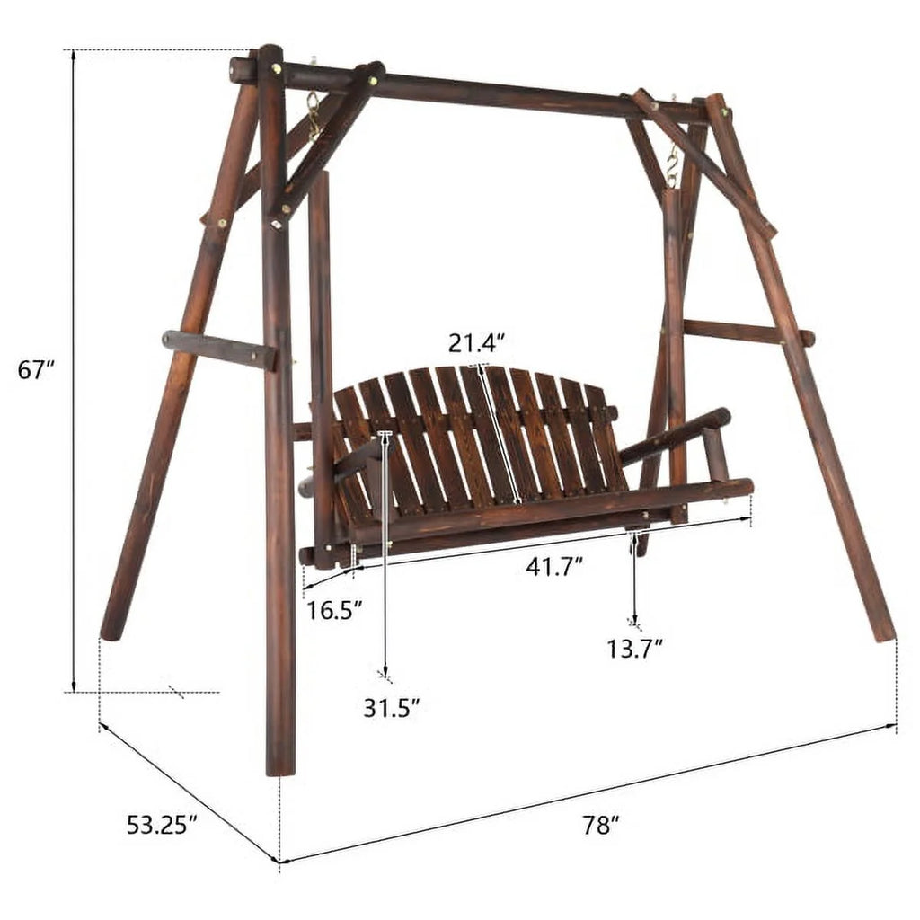 6.5ft Hardwood Patio Swing with Stand, Carbonized Loveseat for 2 G698