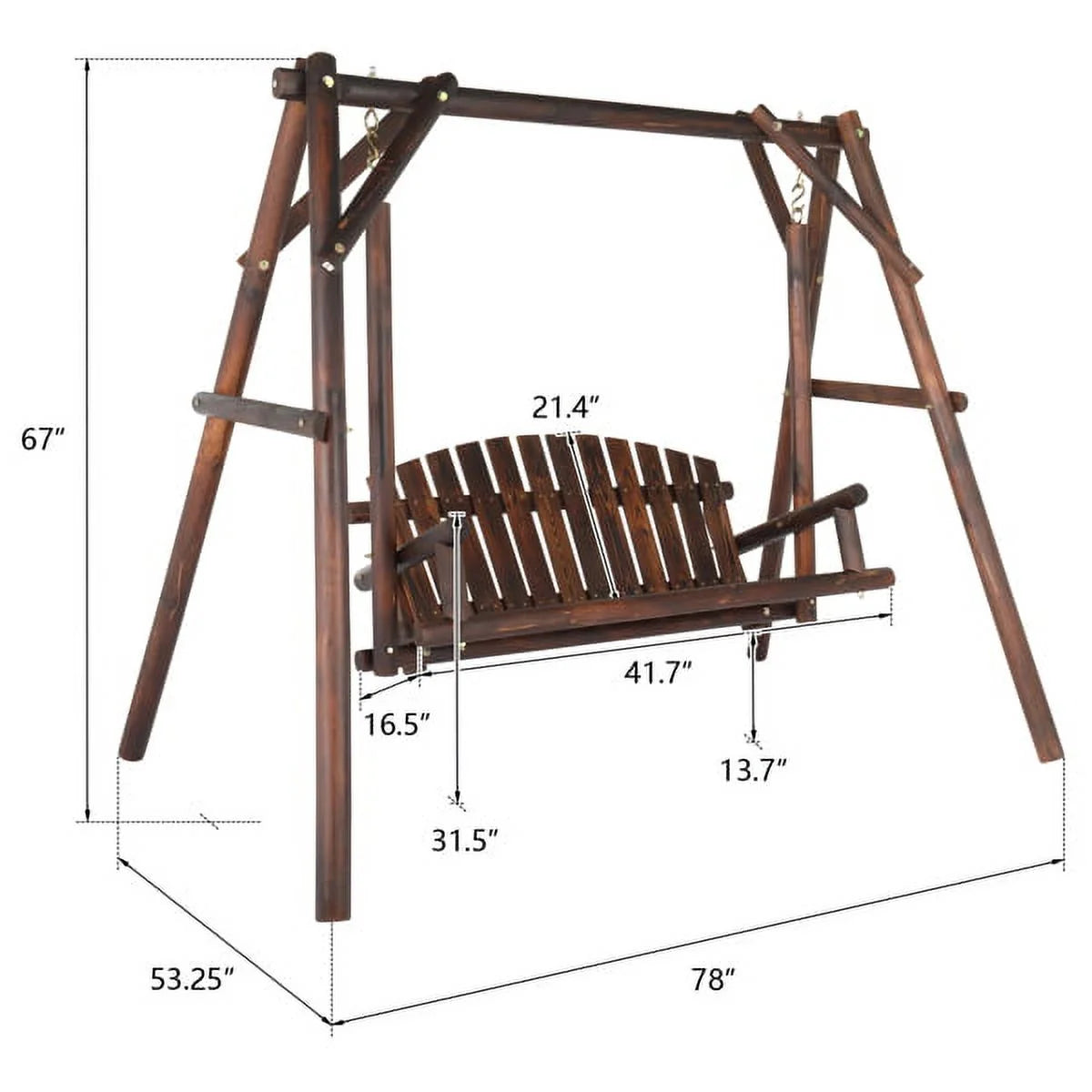 6.5ft Hardwood Patio Swing with Stand, Carbonized Loveseat for 2 G698